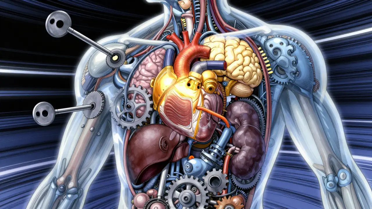 Stylized human body showing metabolic slowdown with stopped gears