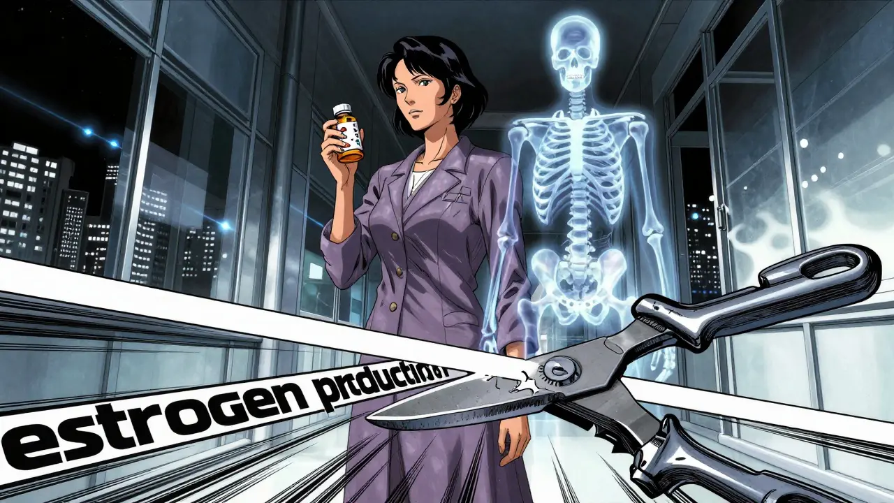 Woman holding medication with glowing skeleton projection in Otomo style art.