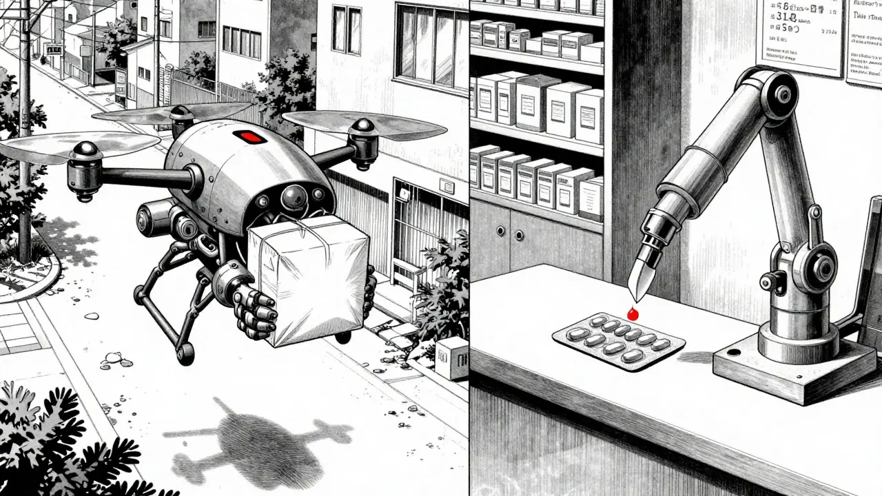 Anime style split view of drone delivery and pharmacy pill dispensing