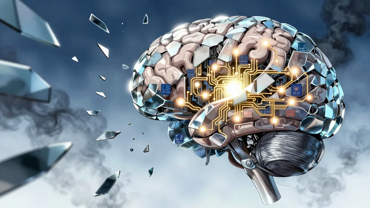 Brain fortress deflecting misinformation shards with verified facts
