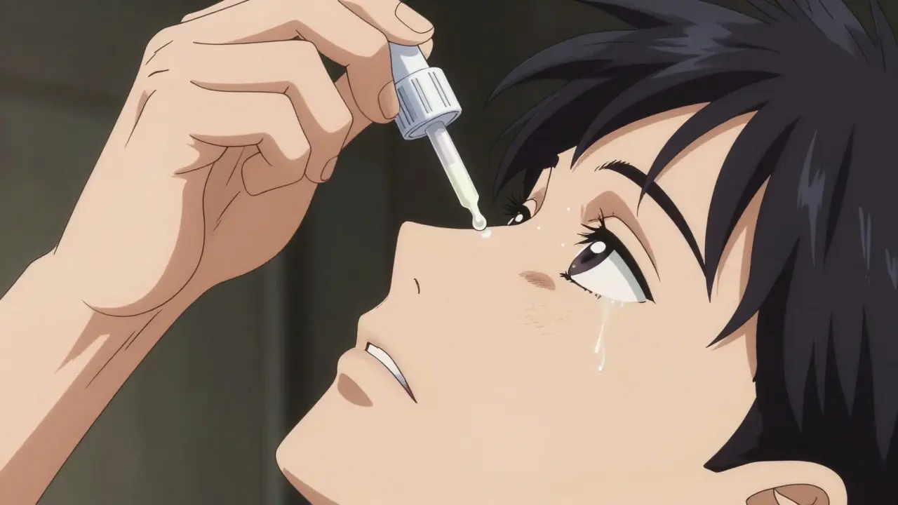 Character applying eye drops correctly in a clean, clinical setting