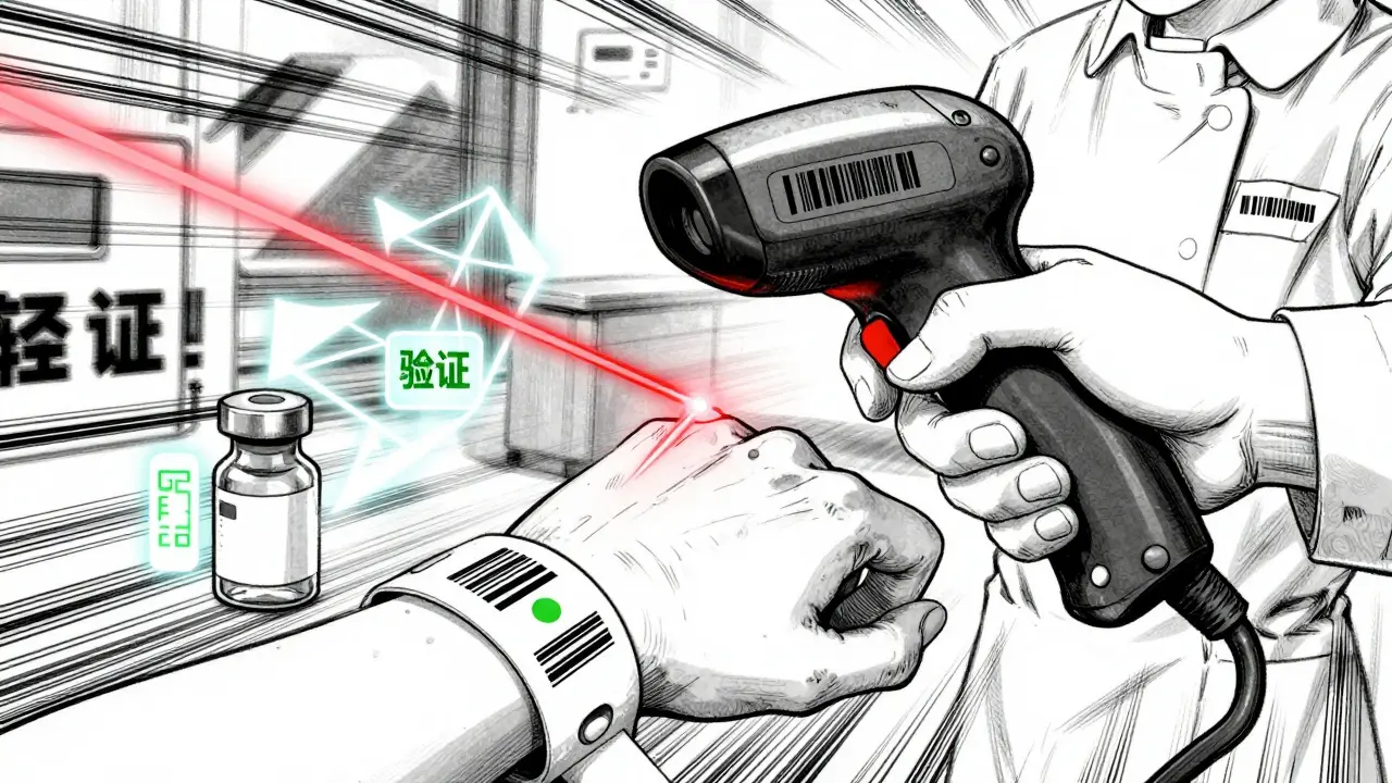 Close-up of laser scanner verifying medication and patient wristband