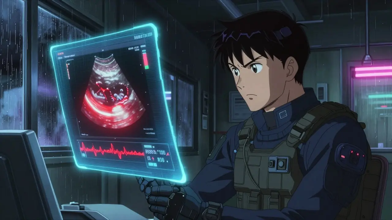 Cyberpunk doctor analyzing Doppler ultrasound blood flow data