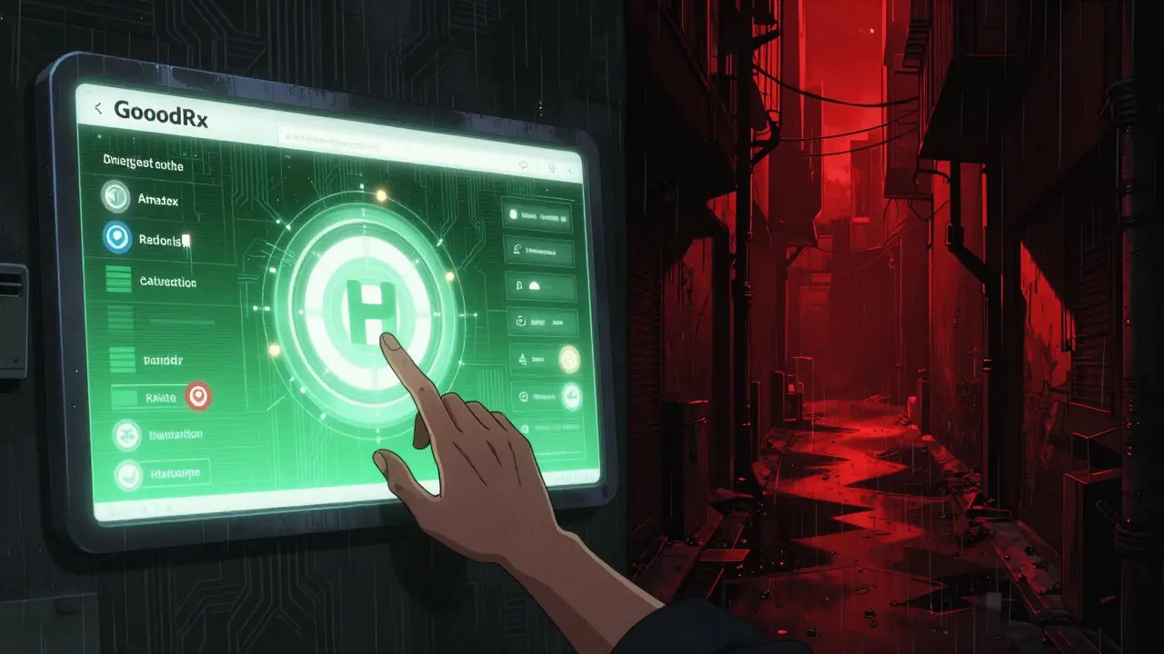Cyberpunk split view of safe vs risky online pharmacy options