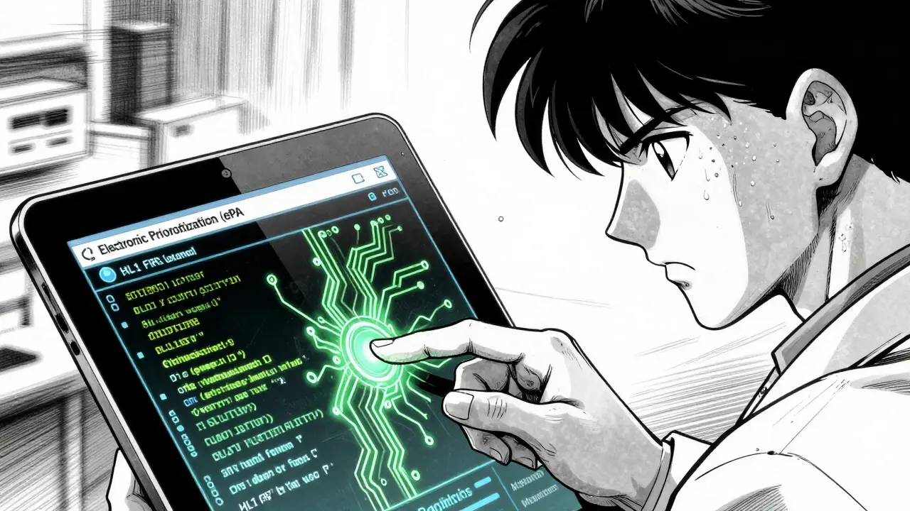 Doctor stressed while processing electronic prior authorization on tablet