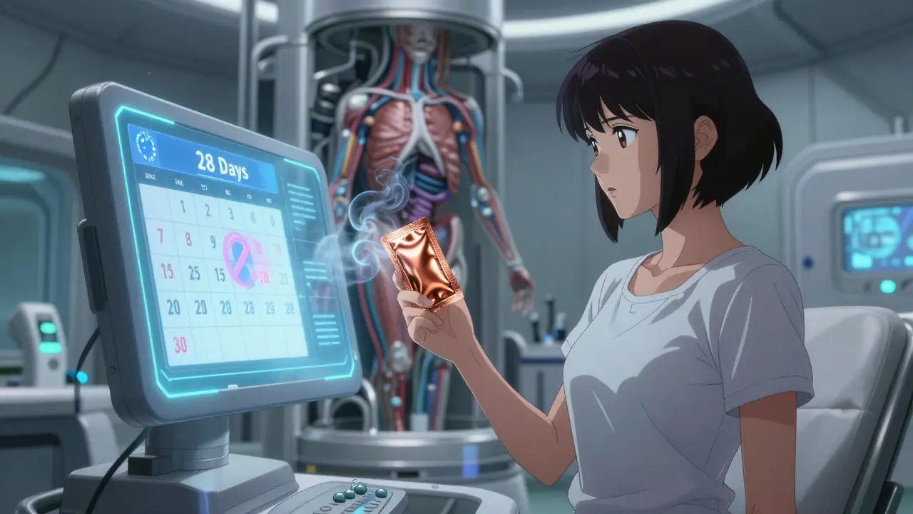 Futuristic anime scene showing copper IUD and backup contraception plan