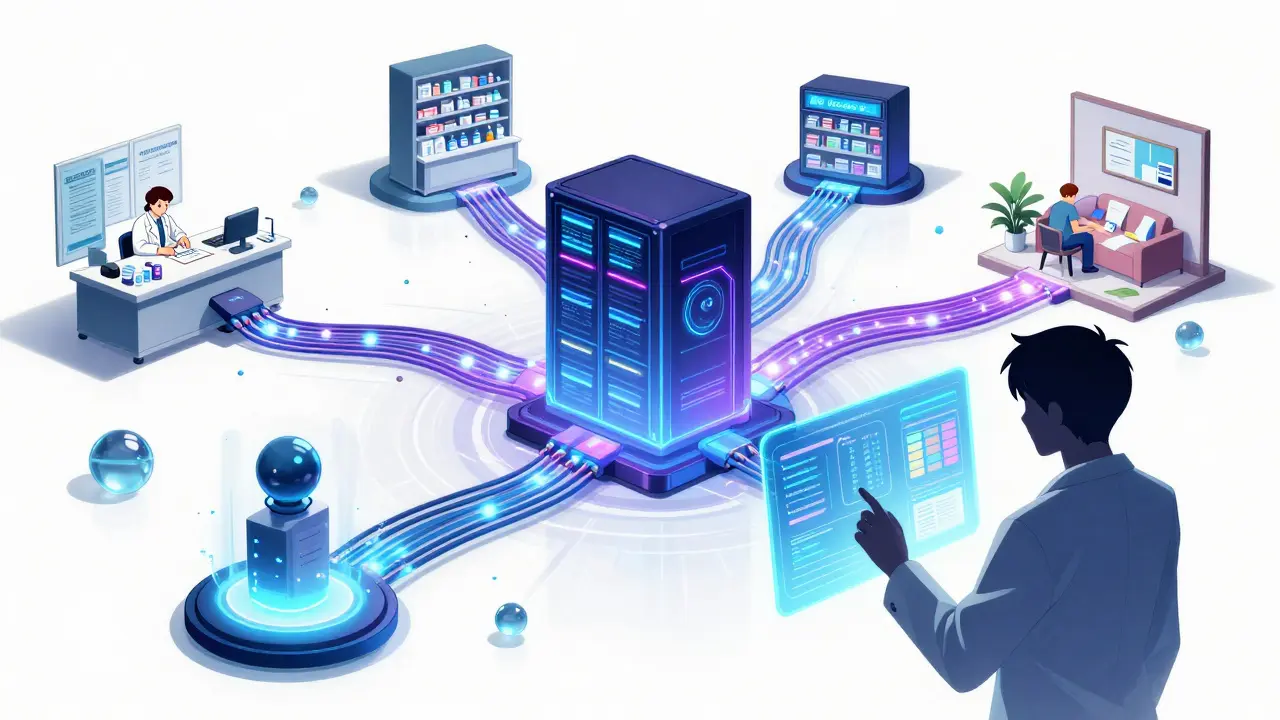 Futuristic network connecting pharmacies, doctors, and patients via AI