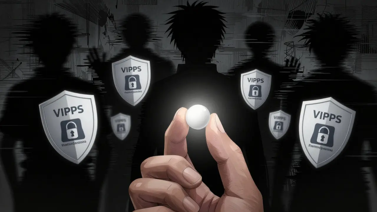 Glowing medicine tablet shielded from chaotic scam shadows