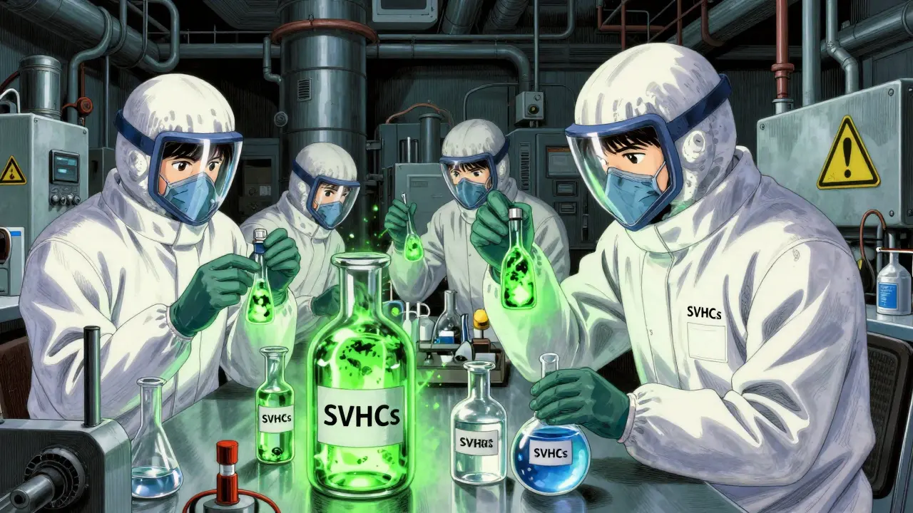 Industrial anime lab scene showing scientists replacing toxic chemicals