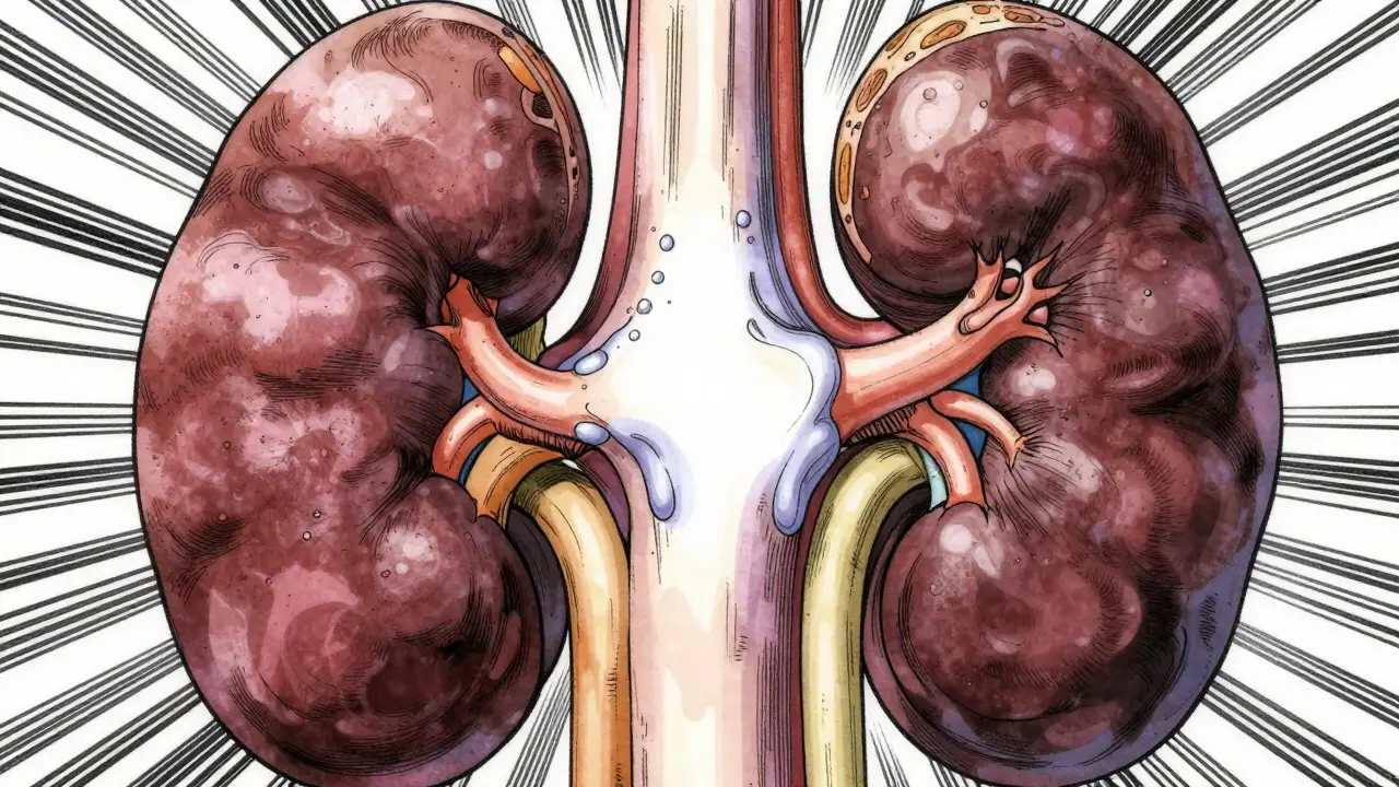 Manga illustration of a swollen kidney showing hydronephrosis