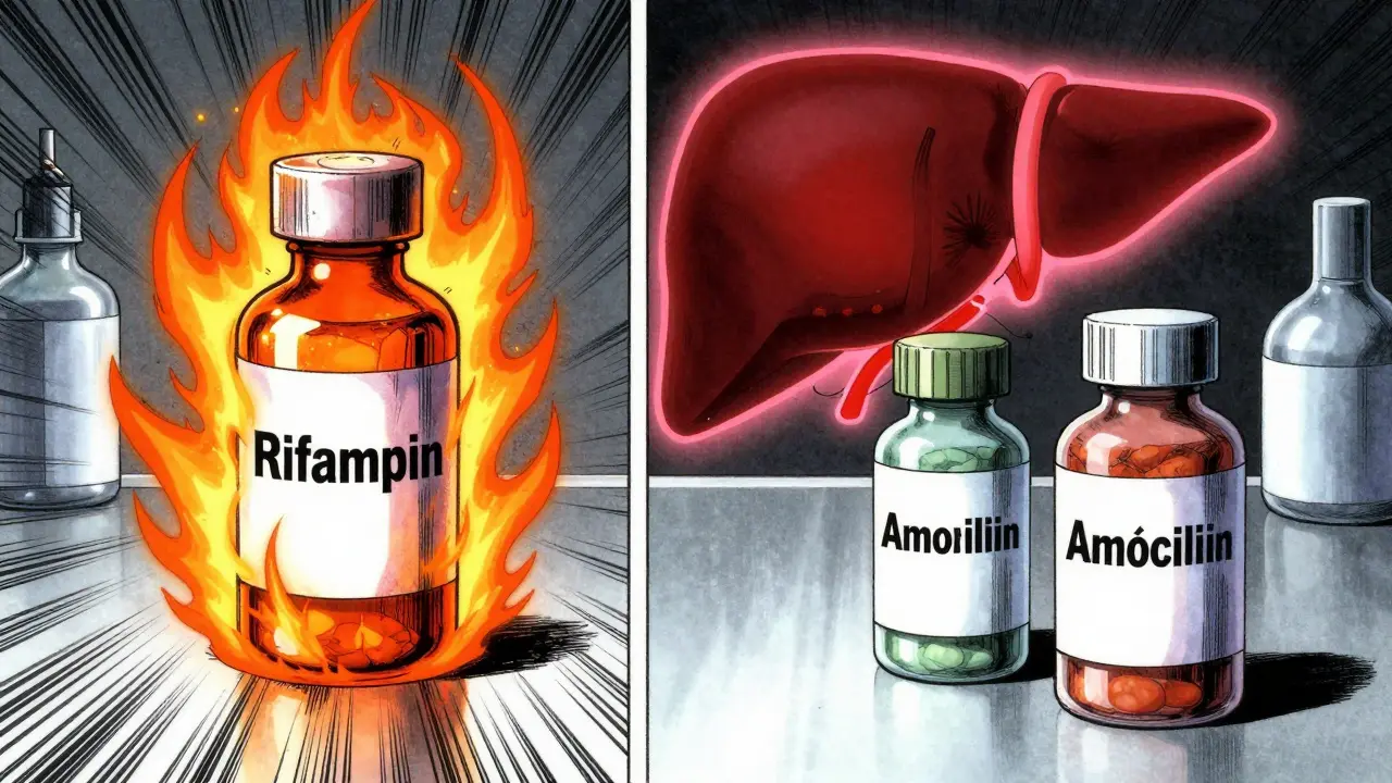Manga style comparison of Rifampin vs safe antibiotics on a counter