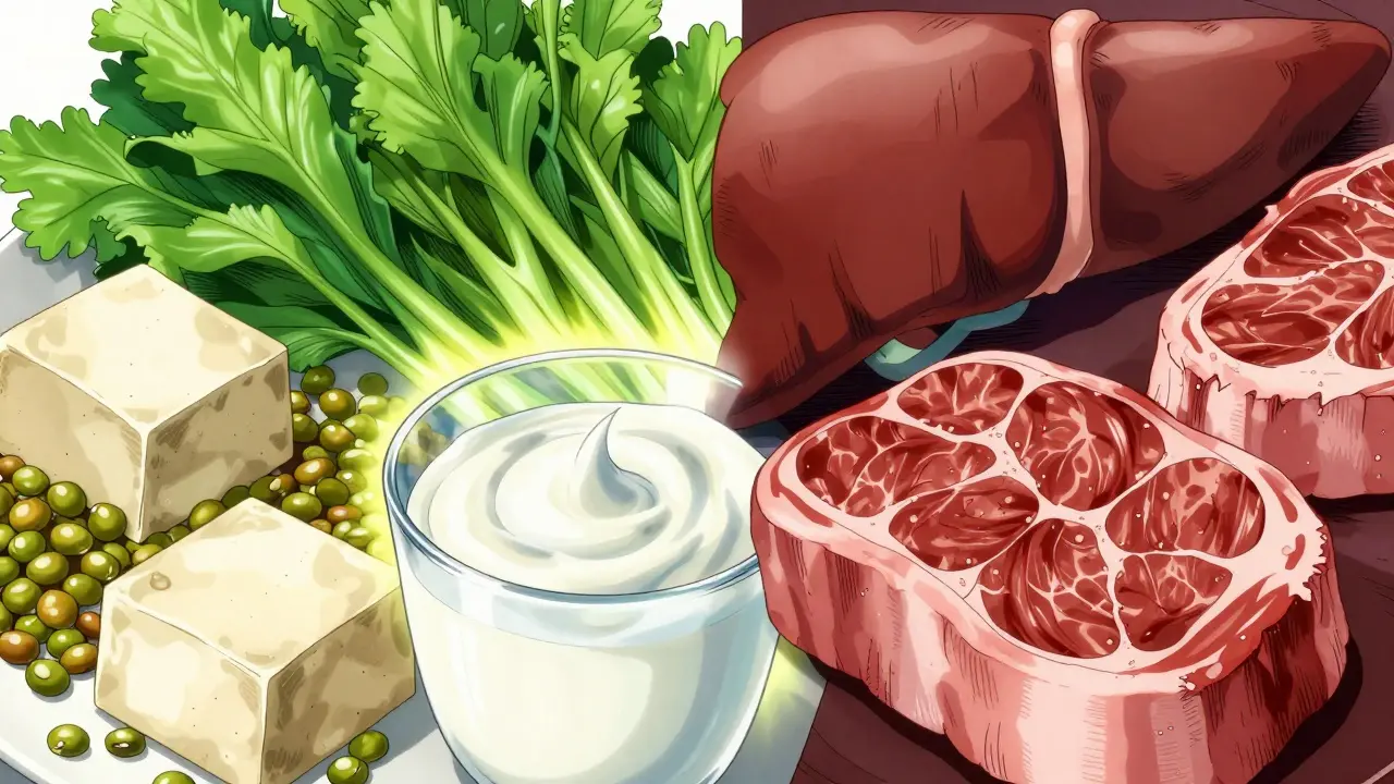 Manga-style drawing comparing healthy plant proteins with red meat, showing vibrant vs dark visual tones.