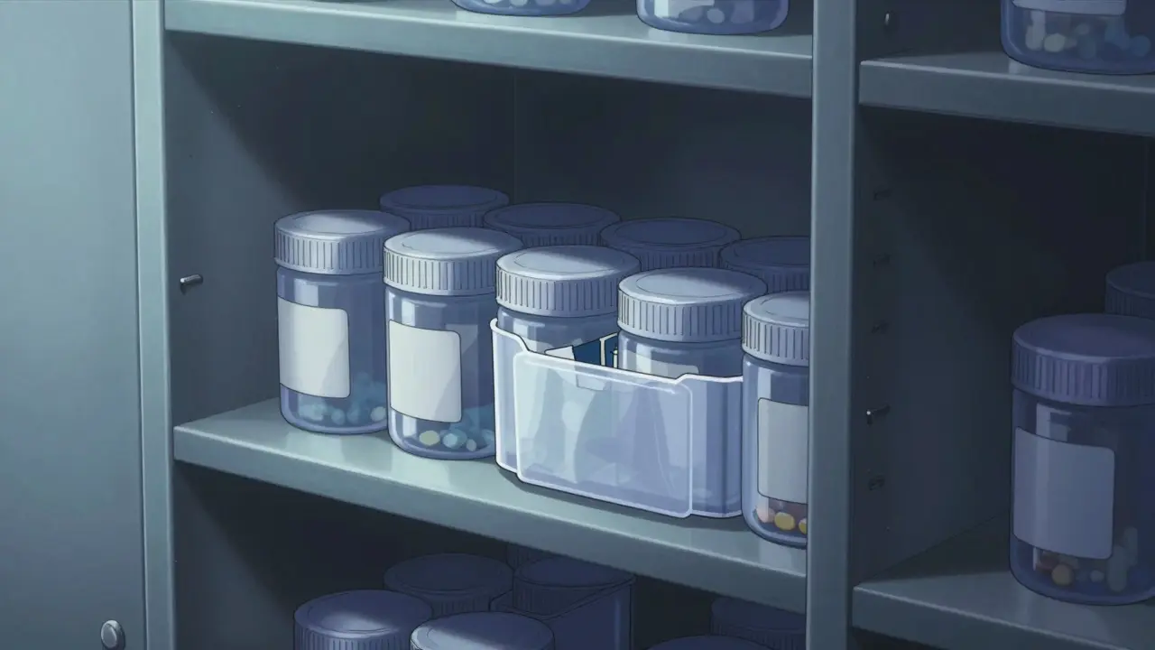 Medicines stored safely in a cool, dry closet