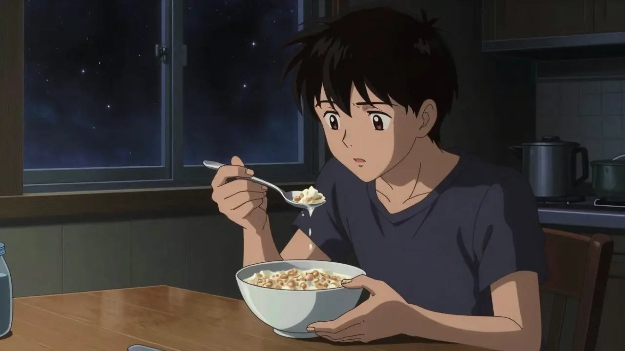 Otomo-style anime scene of a person eating a nutritious bedtime snack in a dimly lit kitchen at night.