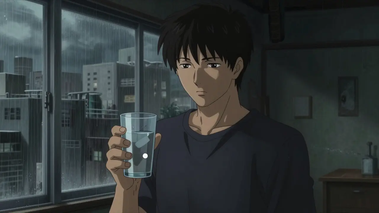 Person taking medication with water in a moody city setting