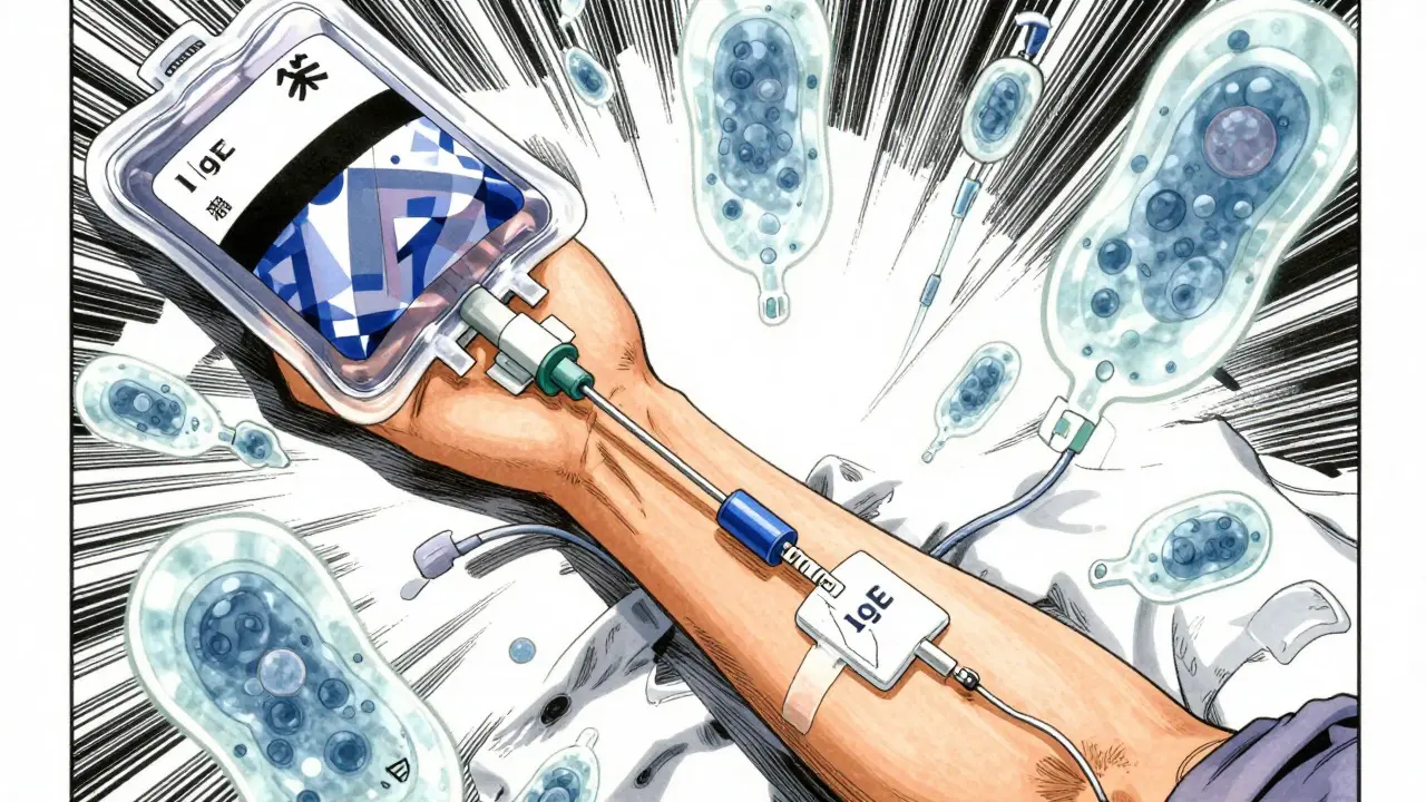 Close-up of IV drip with stylized immune cells blocking reaction