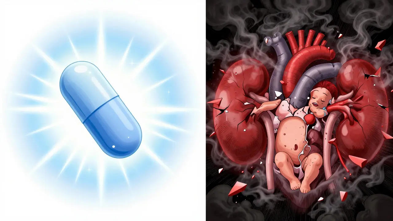 Conceptual art contrasting safe acetaminophen with risky NSAIDs