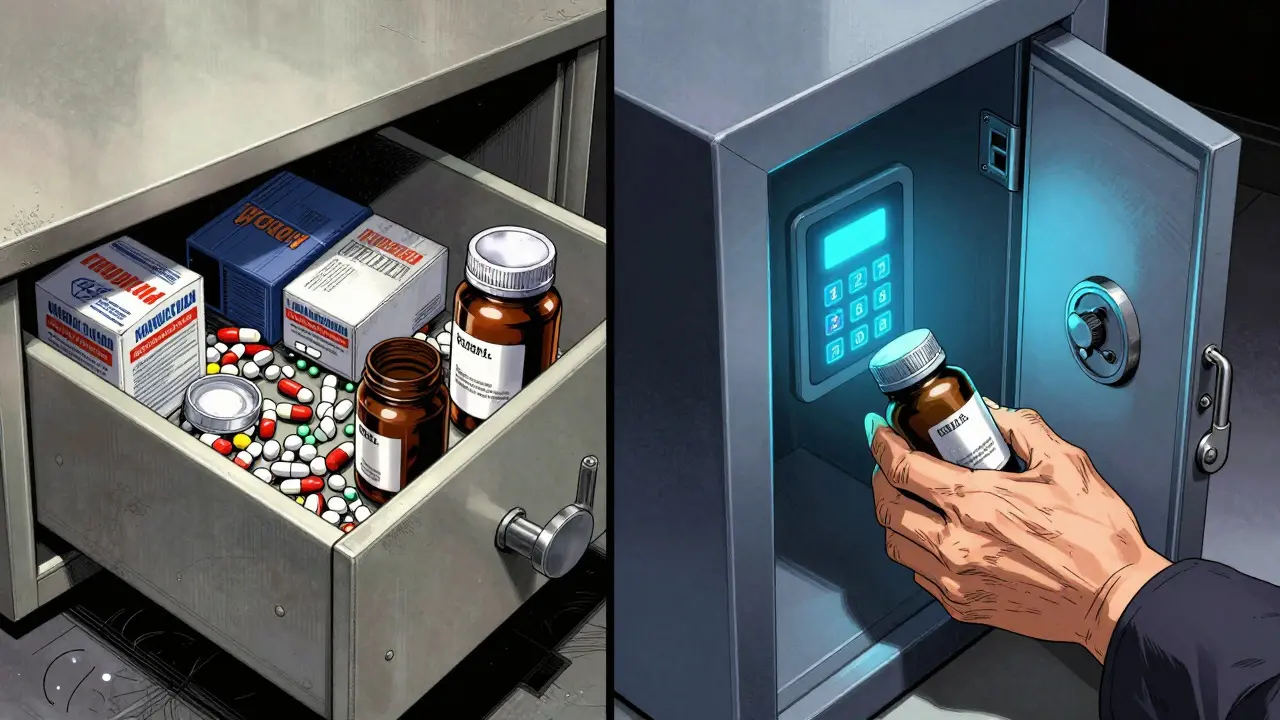 Contrast between messy pills and secure locked medicine cabinet