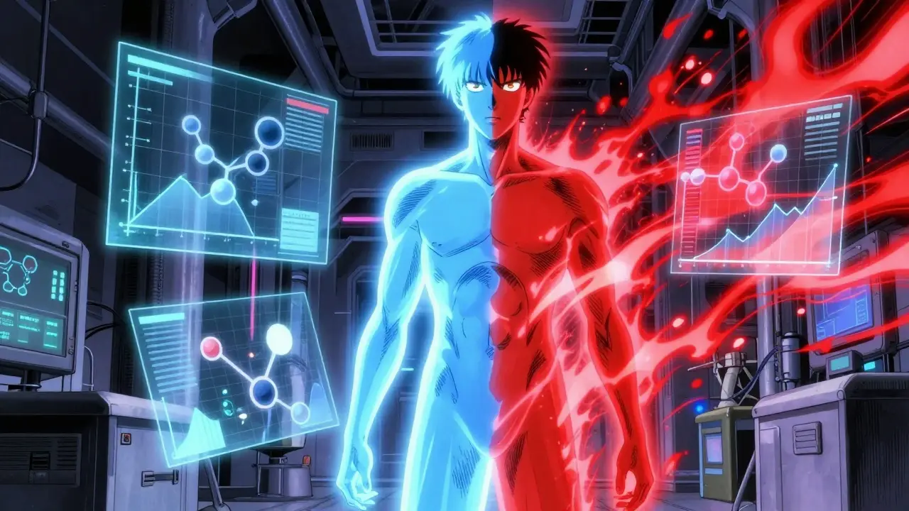 Cyberpunk illustration of drug stability vs toxicity in the body