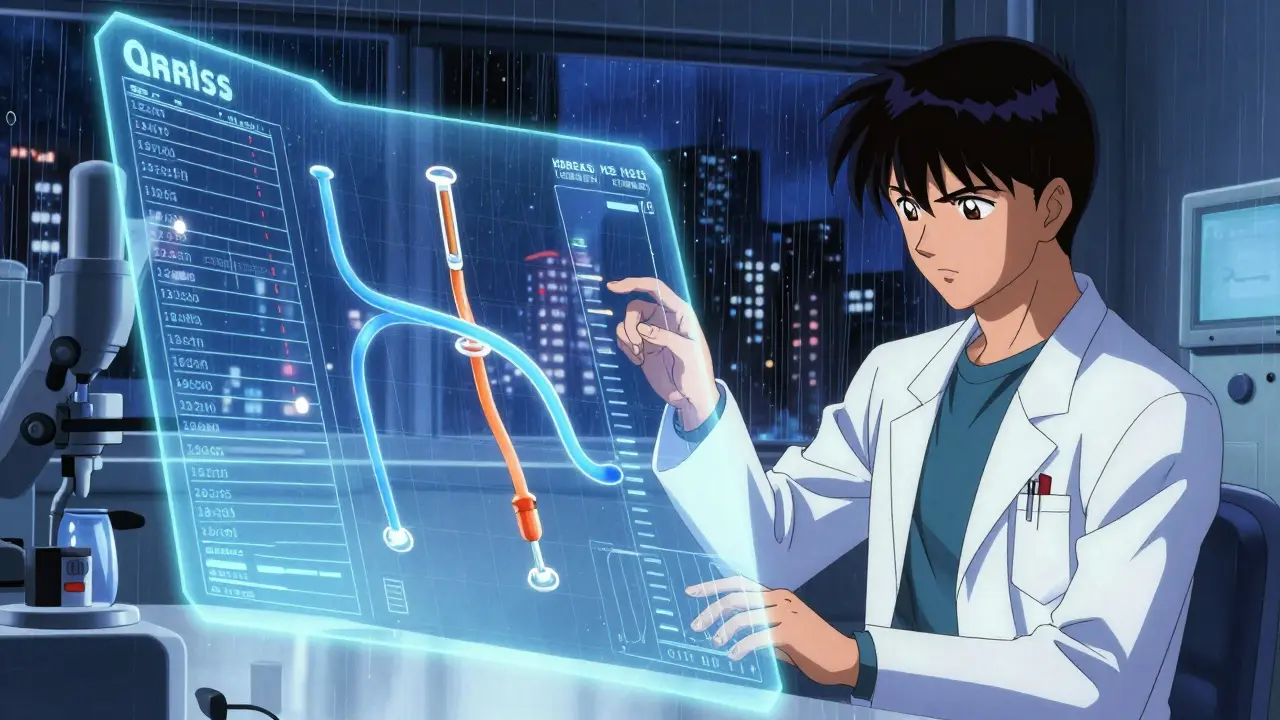 Cyberpunk pharmacist adjusting holographic medication timing schedule