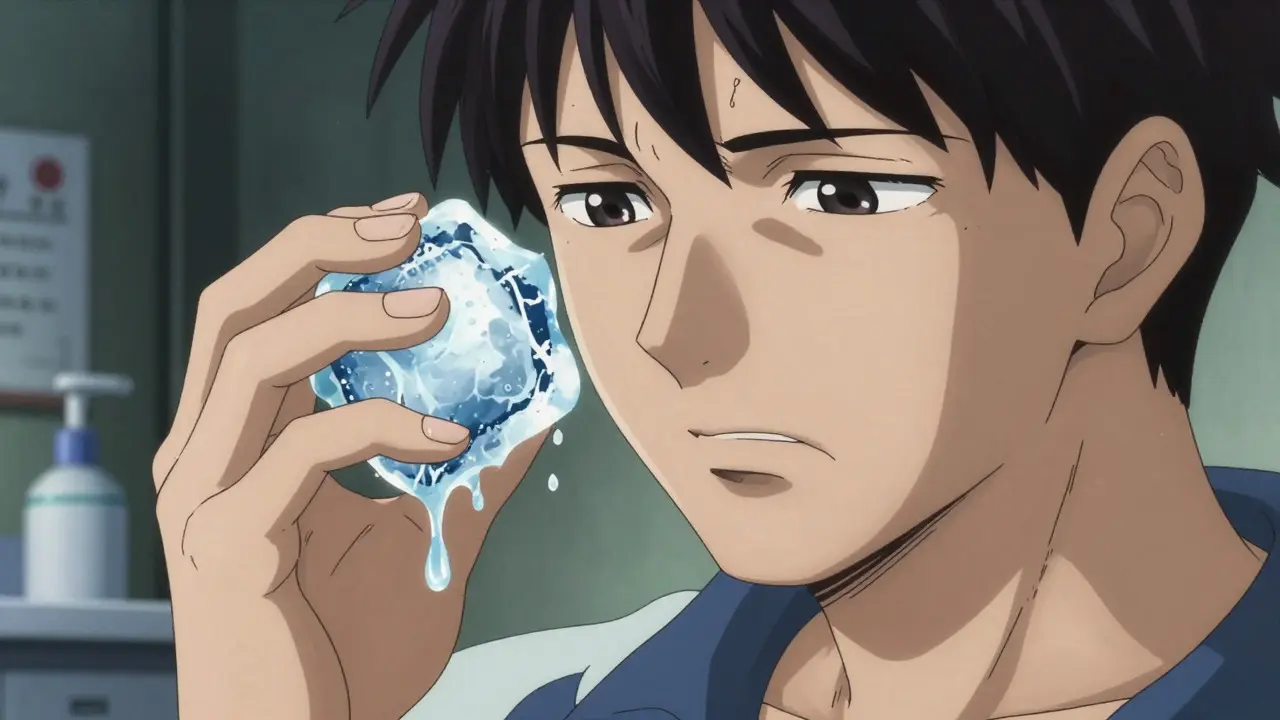 Detailed Otomo-style close-up of a person holding a melting ice cube to calm their nervous system, with sharp facial features and cool blue lighting, illustrating the TIPP skill.