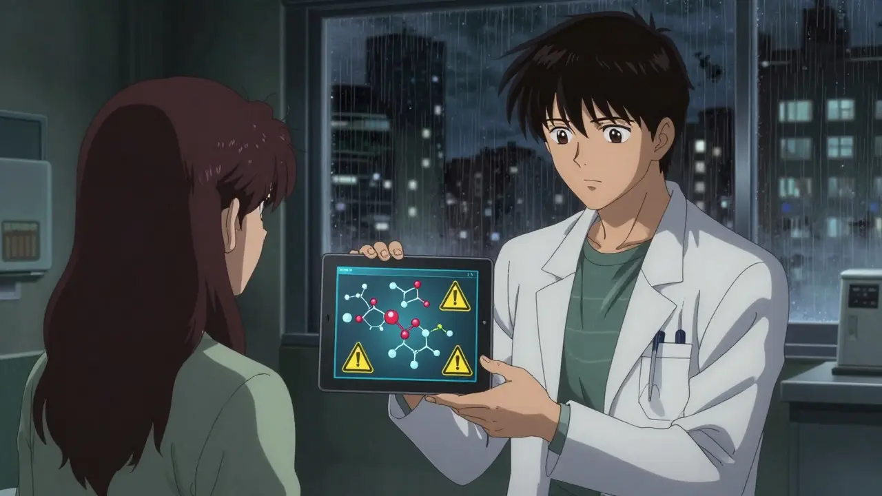 Doctor discussing drug risks with patient in dark clinic