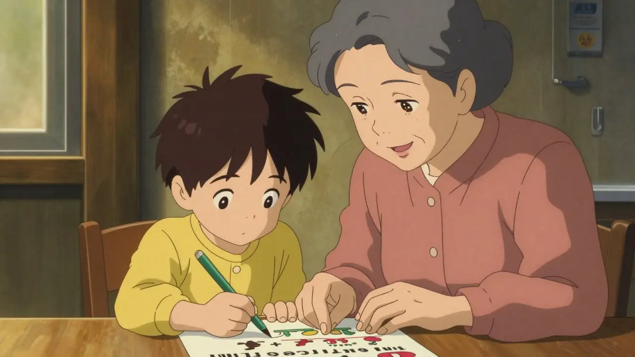 Grandmother teaching grandson about medicine safety