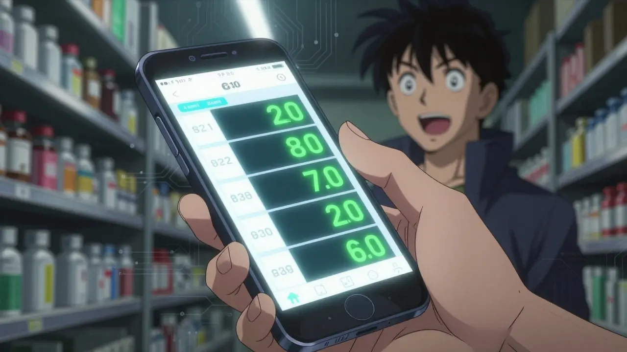 Hand holding phone showing cheap drug prices