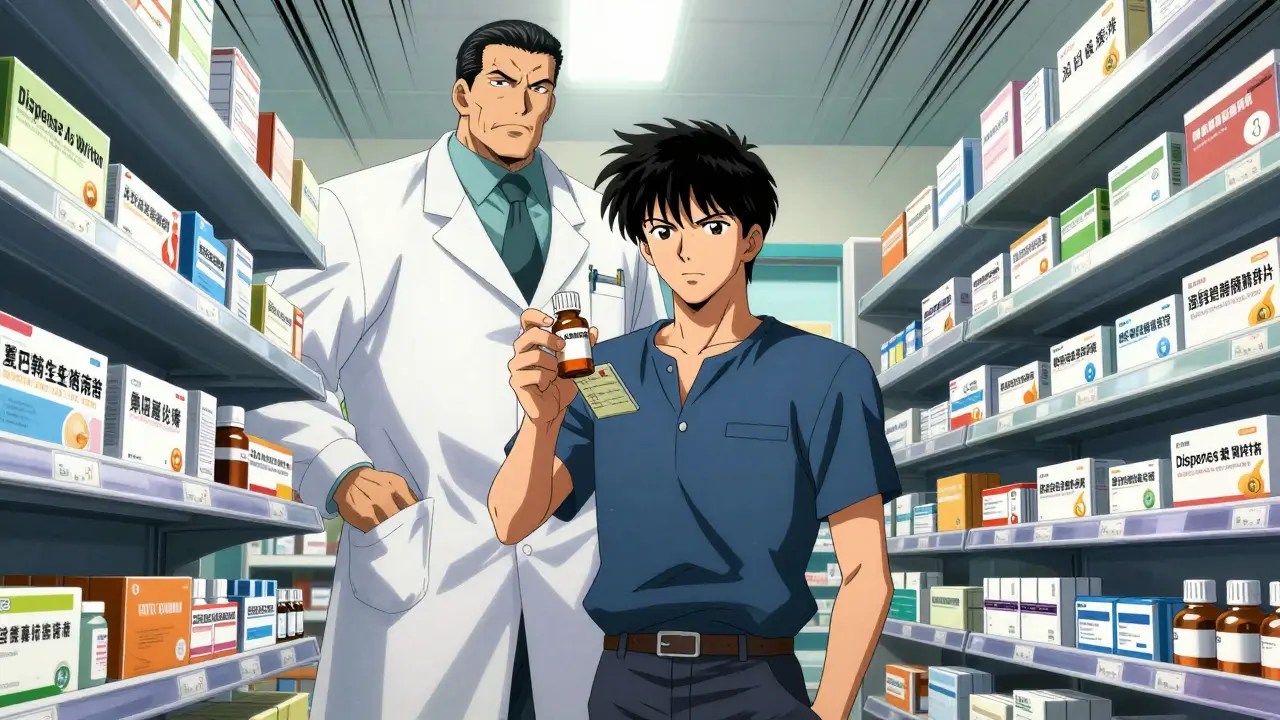 Manga scene of a patient confronting a pharmacist about medication