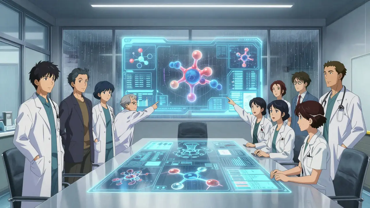 Medical specialists collaborating around a digital table in a modern office.