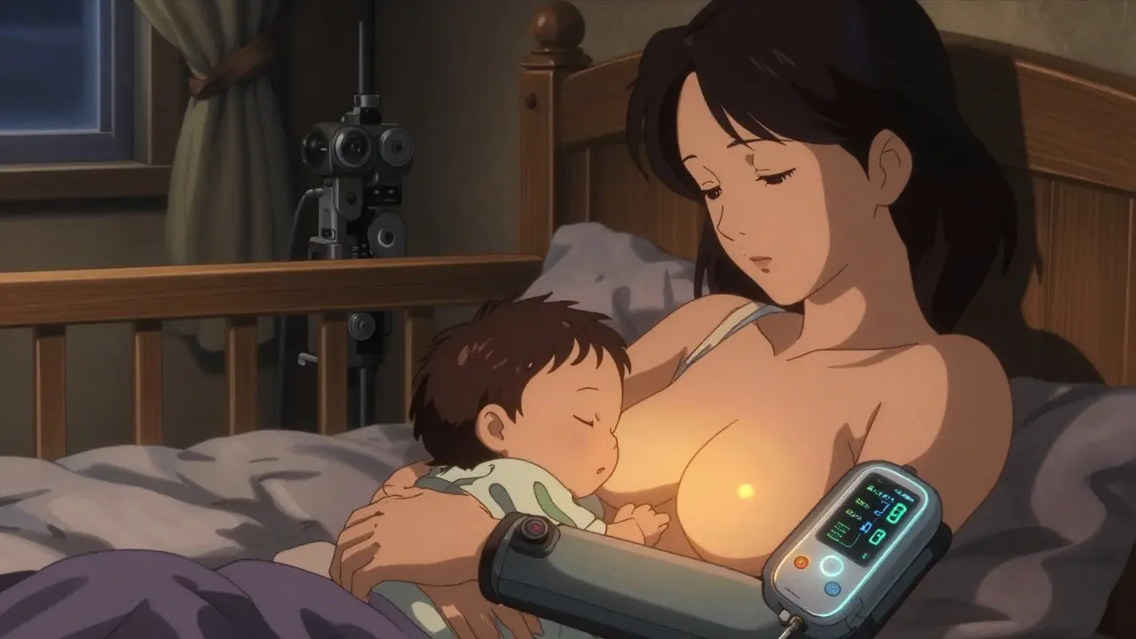 Mother breastfeeding while checking a glowing wrist timer in a softly lit bedroom, anime style