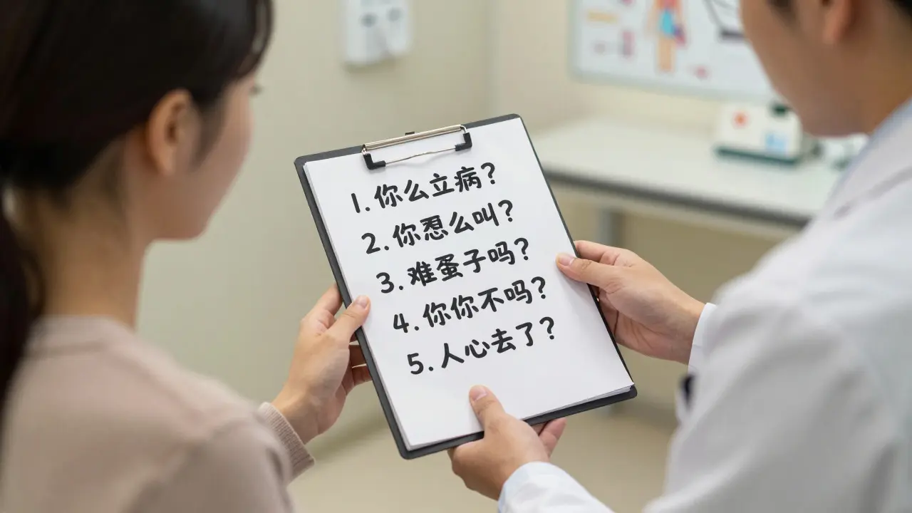 Mother discussing medication safety questions with a doctor