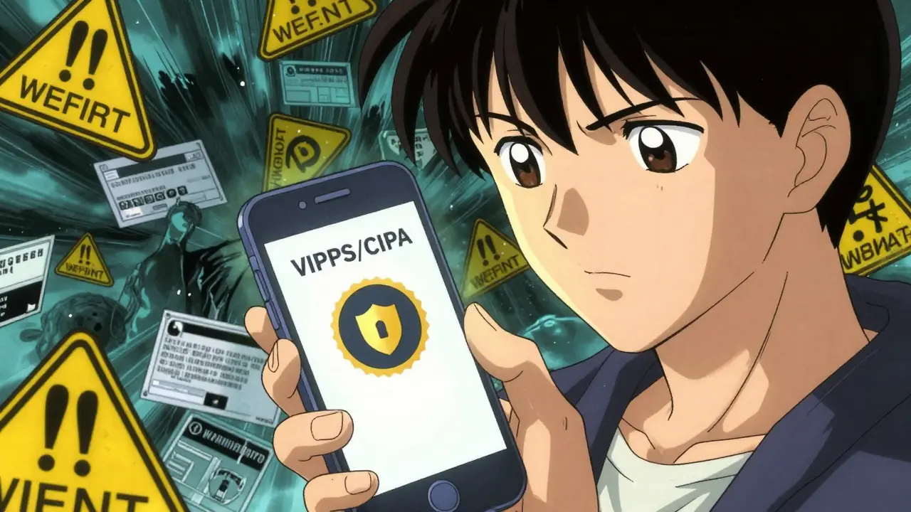 Otomo-style anime of user verifying safe online pharmacy on smartphone