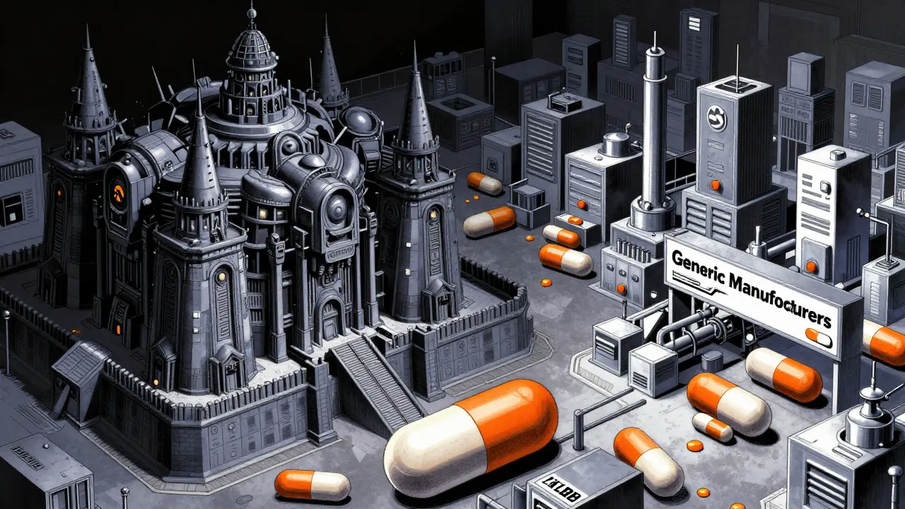 Otomo-style illustration contrasting expensive brand drugs with cheap generics