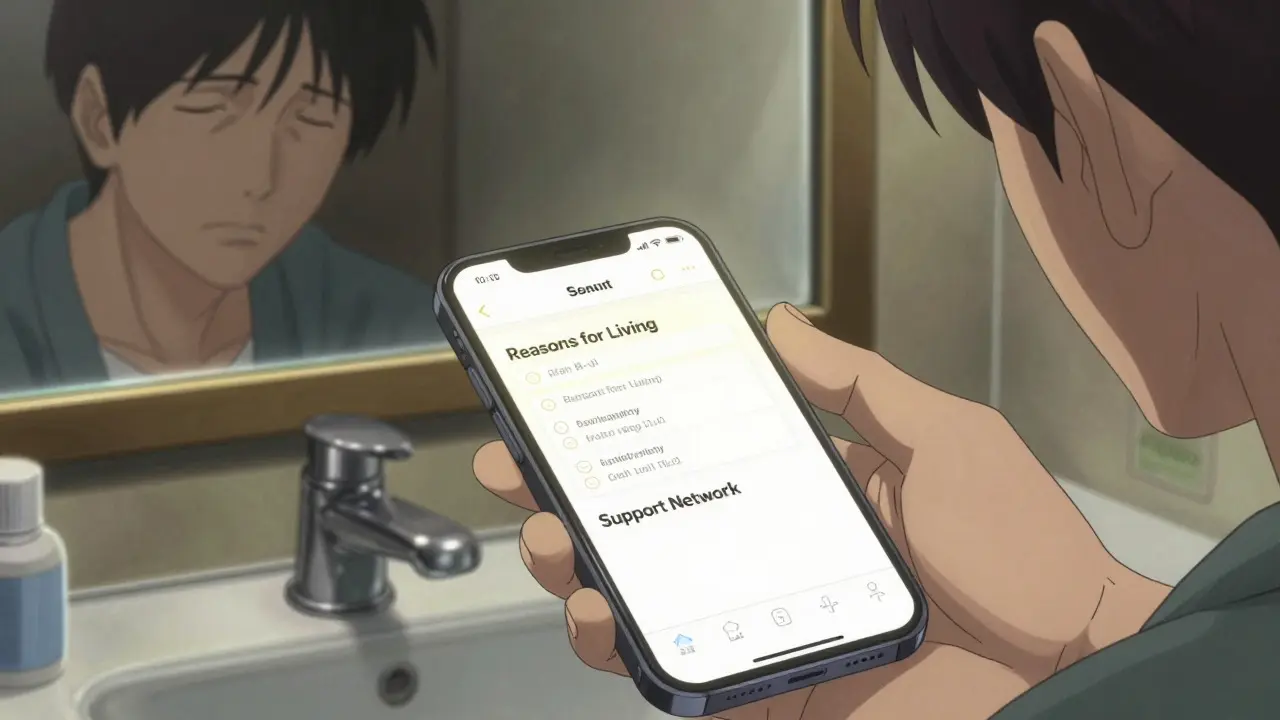 Otomo-style illustration of a smartphone displaying a crisis plan on a bathroom counter, reflecting a resilient face in the mirror, symbolizing long-term stability and support.