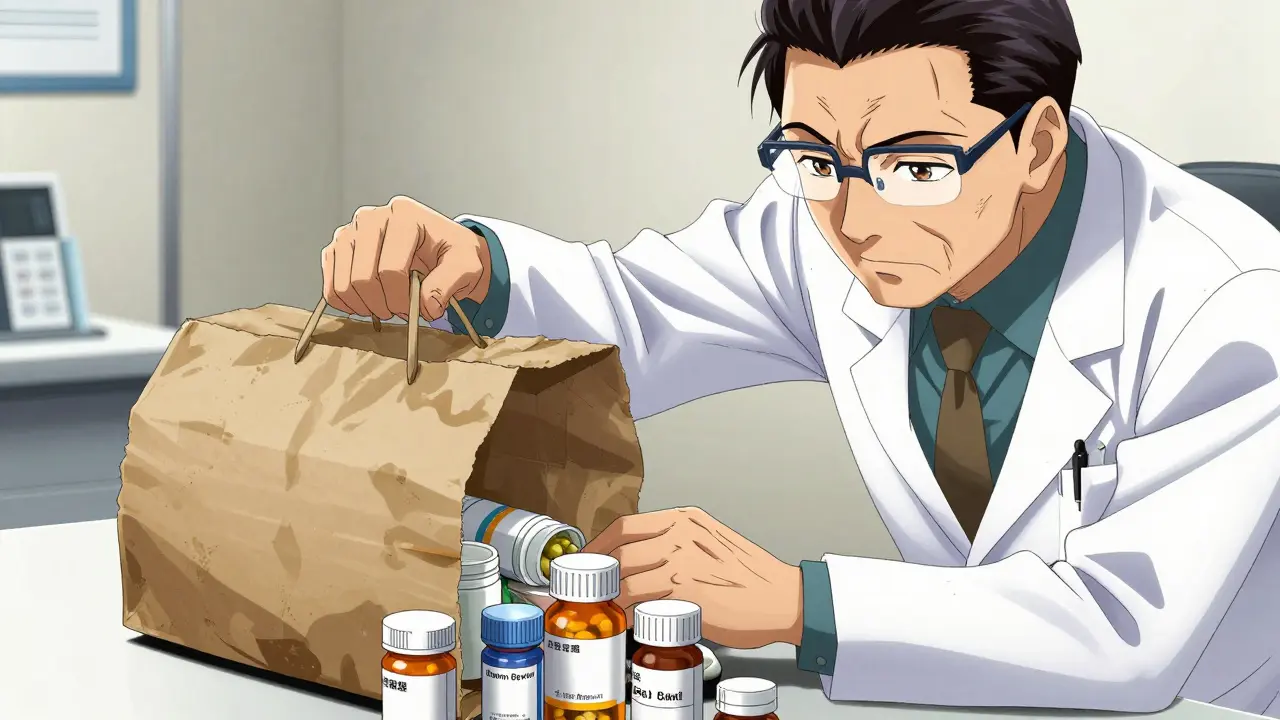 Patient showing brown bag of meds to doctor in manga style