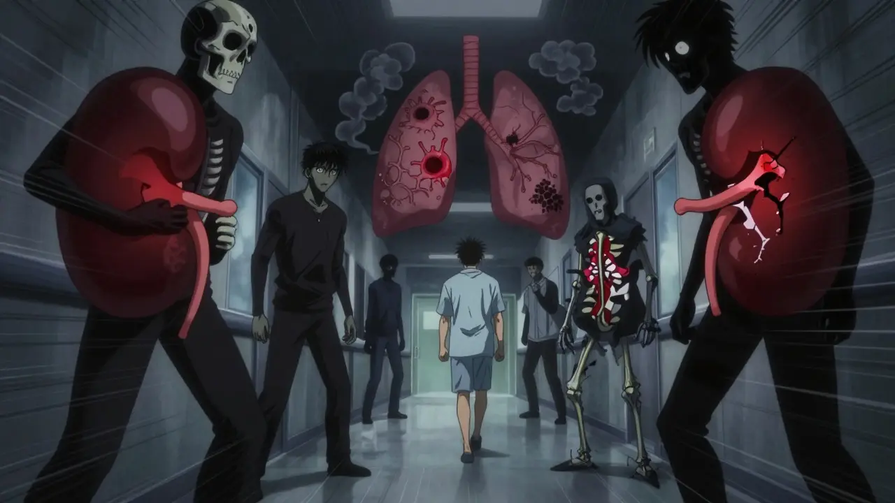 Patient walking past shadowy figures representing kidney and lung risks of dual therapy