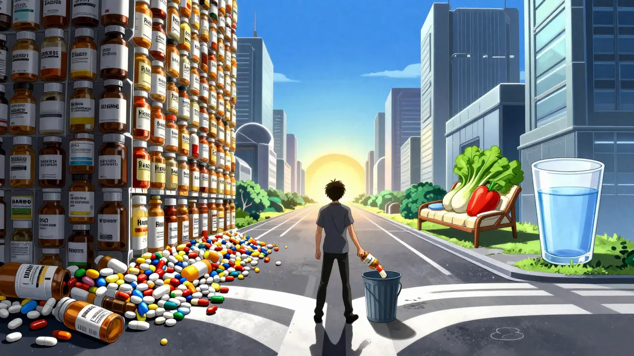Person leaving behind medication piles for a healthy lifestyle path, showing safe tapering