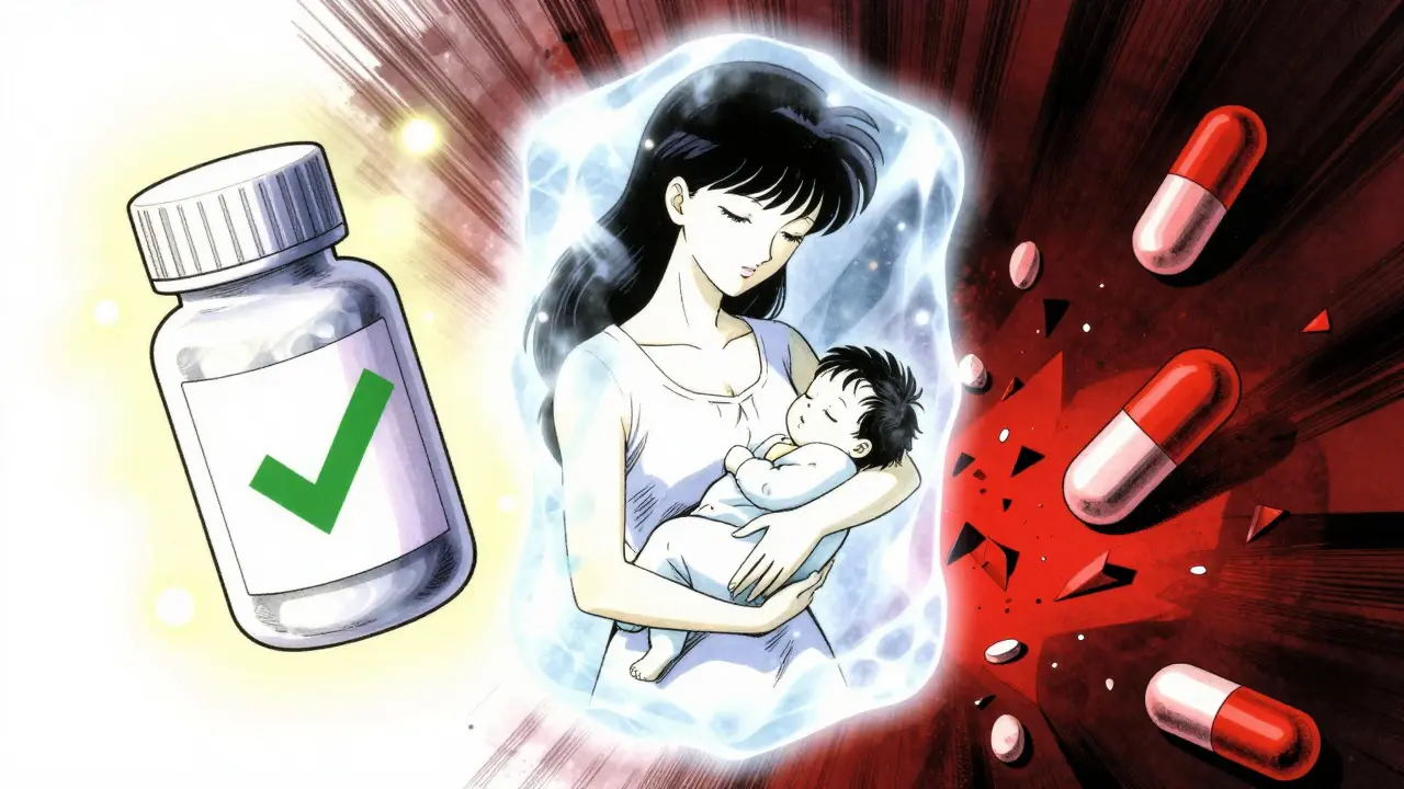 Split image showing safe glowing pills vs shattering red toxic drugs protecting a mother and baby