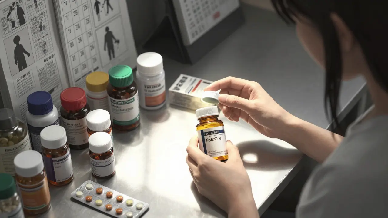 Woman reviewing medication bottles and supplements on a sunlit desk.