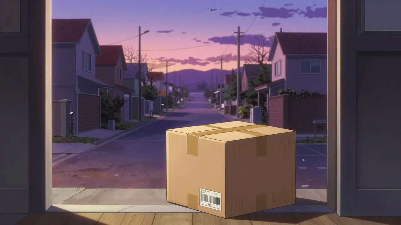 A sealed cardboard package delivered to a doorstep at sunset