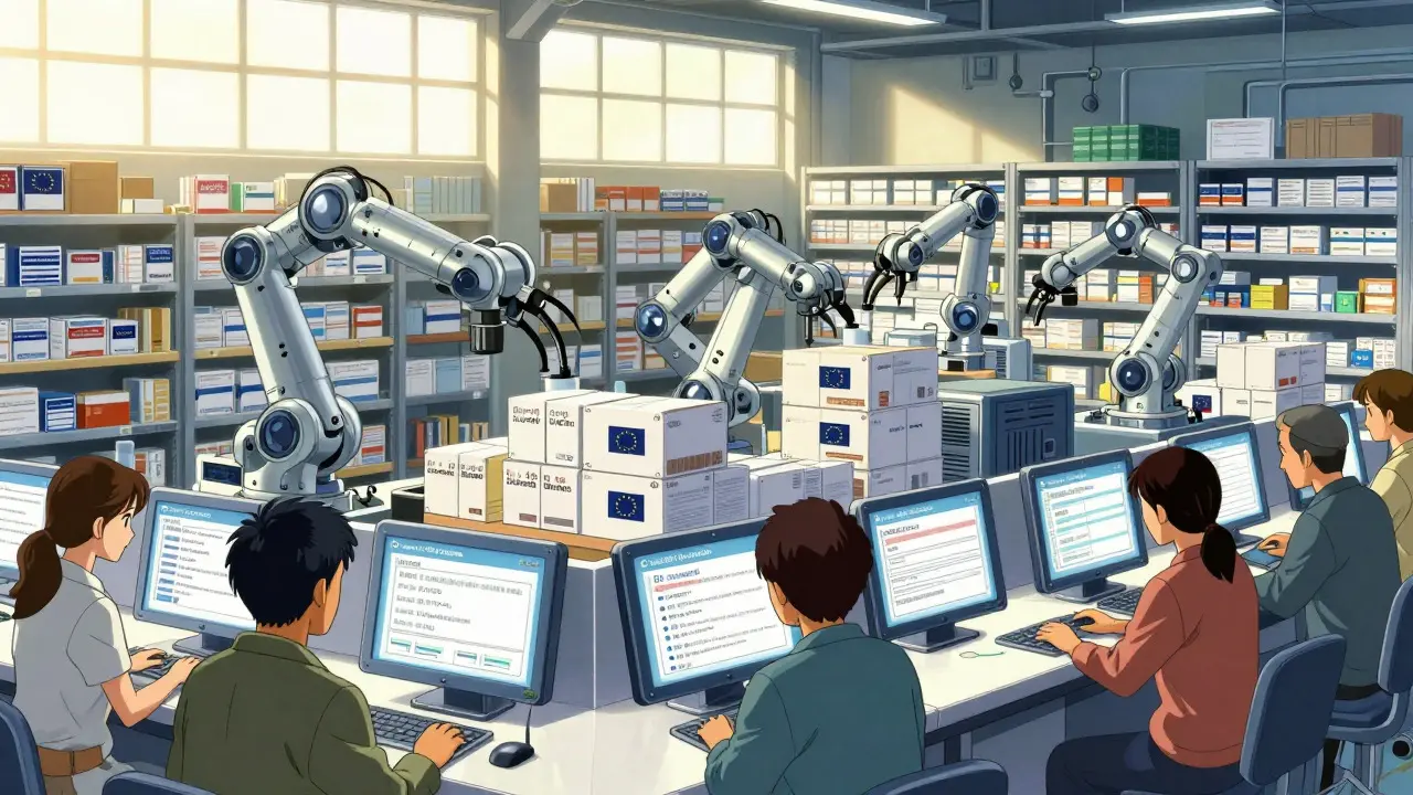 Automated e-pharmacy warehouse sorting drugs while patients use multilingual health kiosks