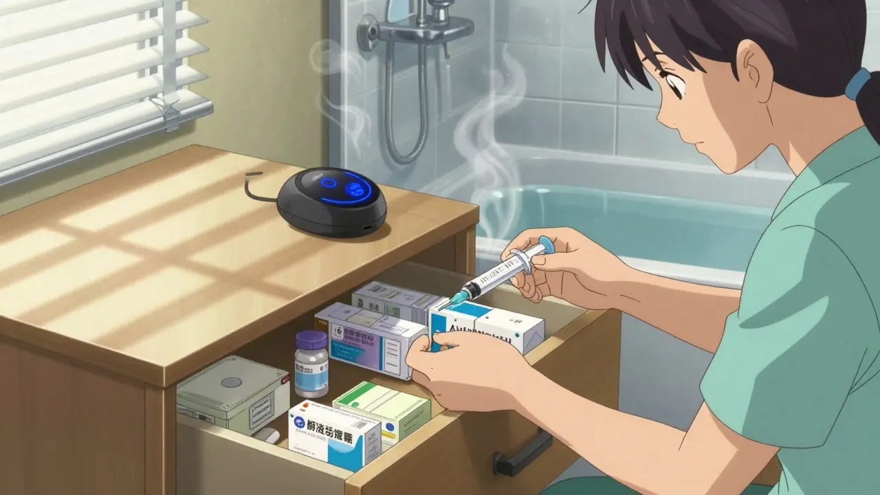 Caregiver organizing smart pill dispenser and syringe in a dry bedroom drawer