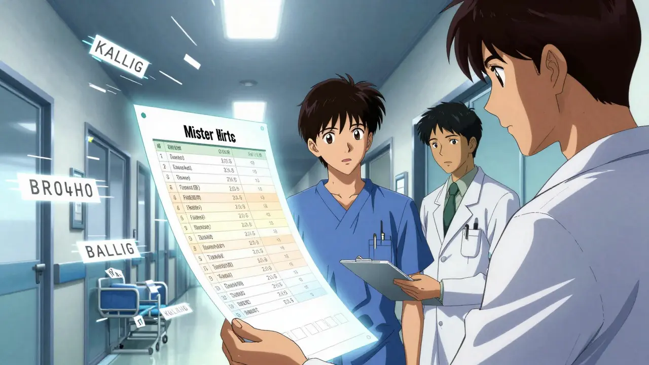 Caregiver reviewing holographic medication list in hospital corridor with doctor
