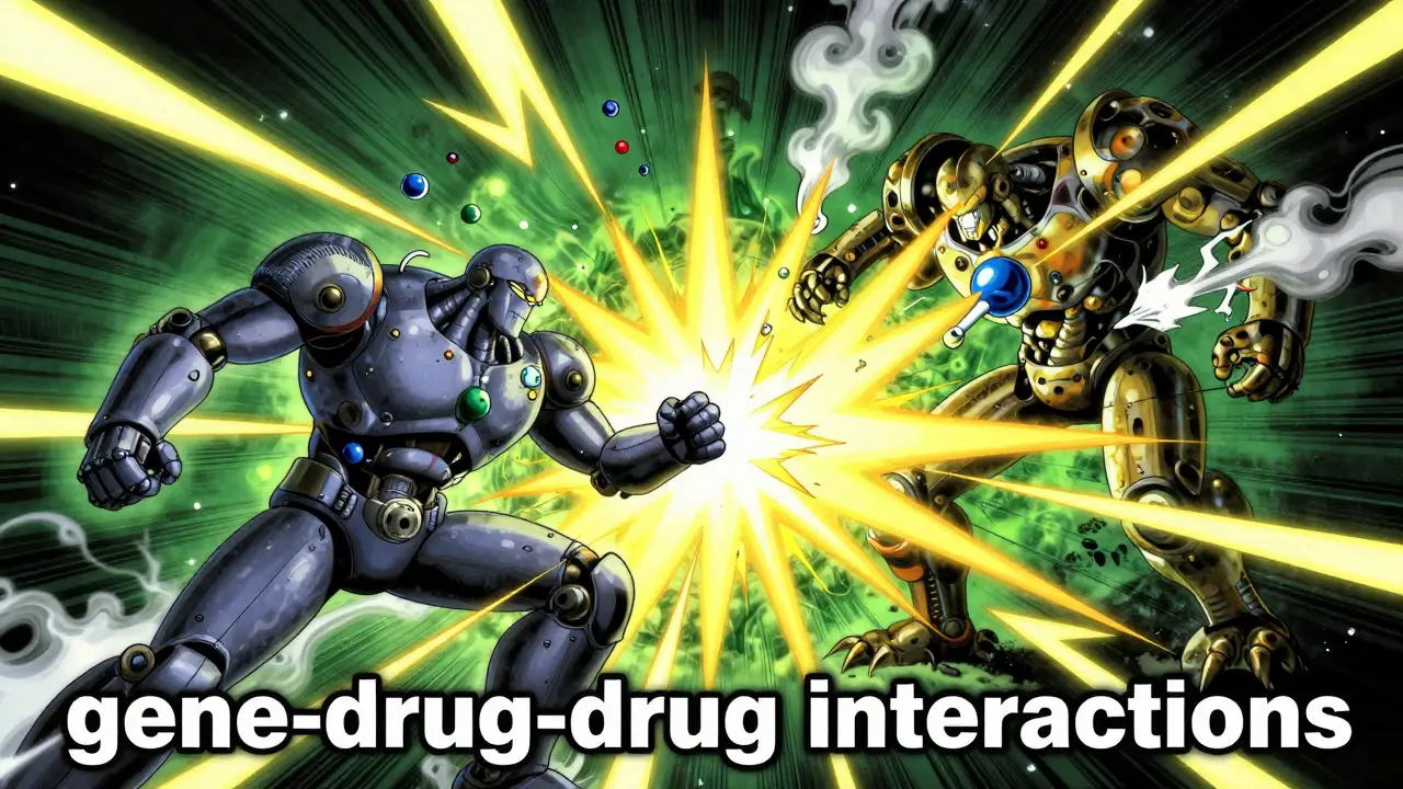 Chaotic molecular battle representing drug interactions in manga style