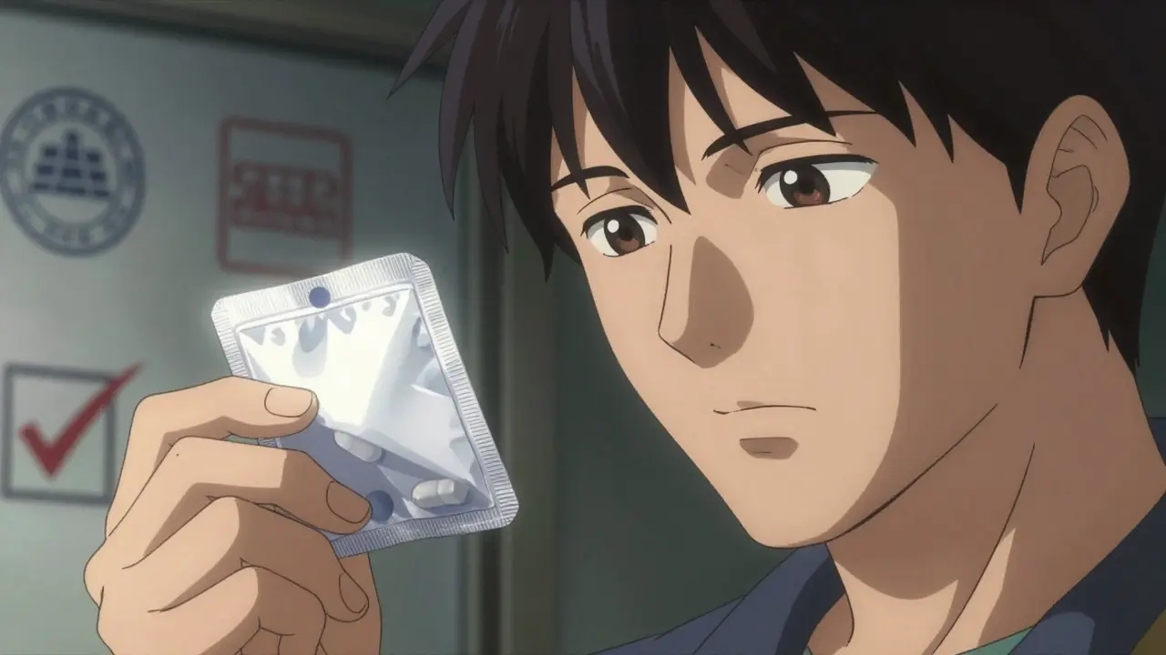 Close-up anime portrait of a person carefully inspecting a medication package for authenticity
