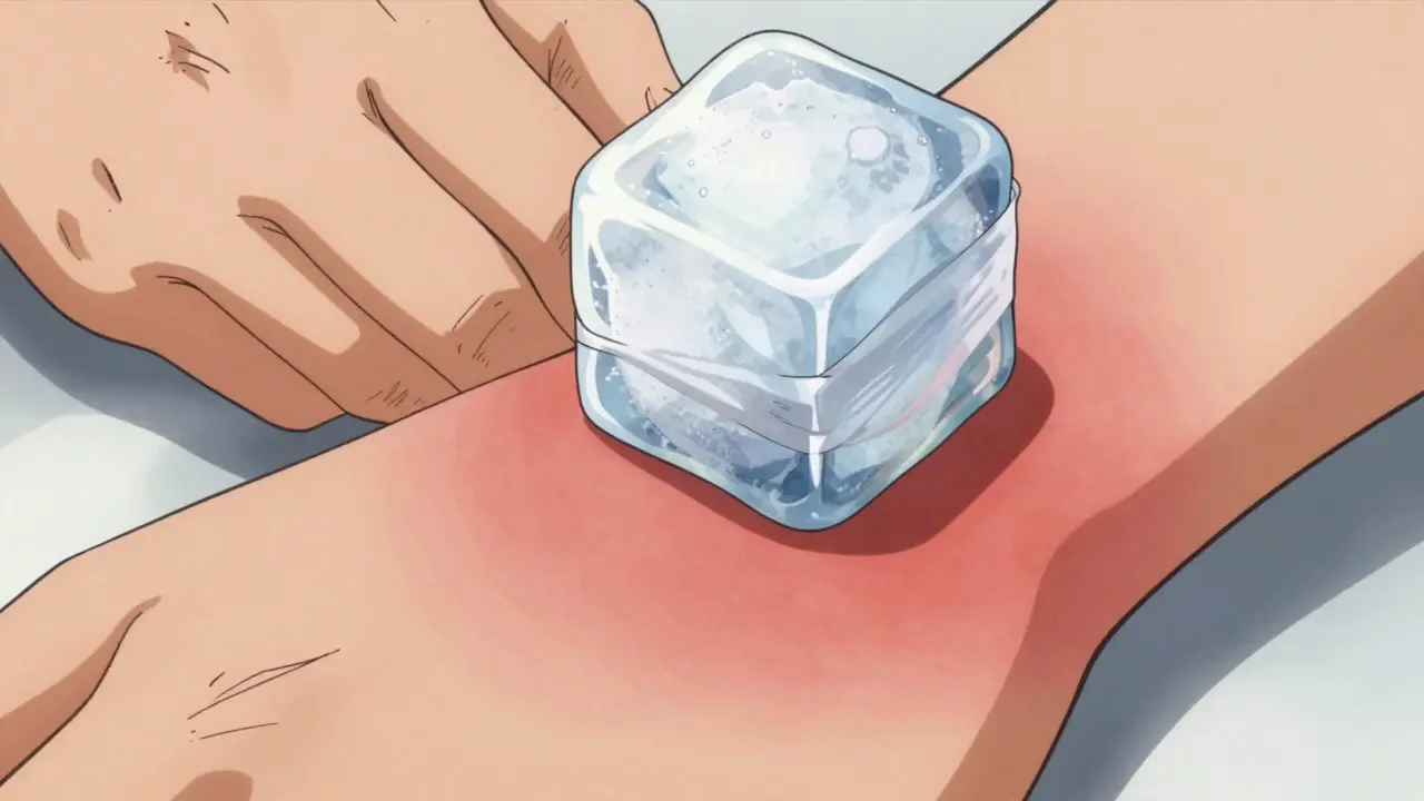 Close up of arm showing red swollen hive forming after ice cube test