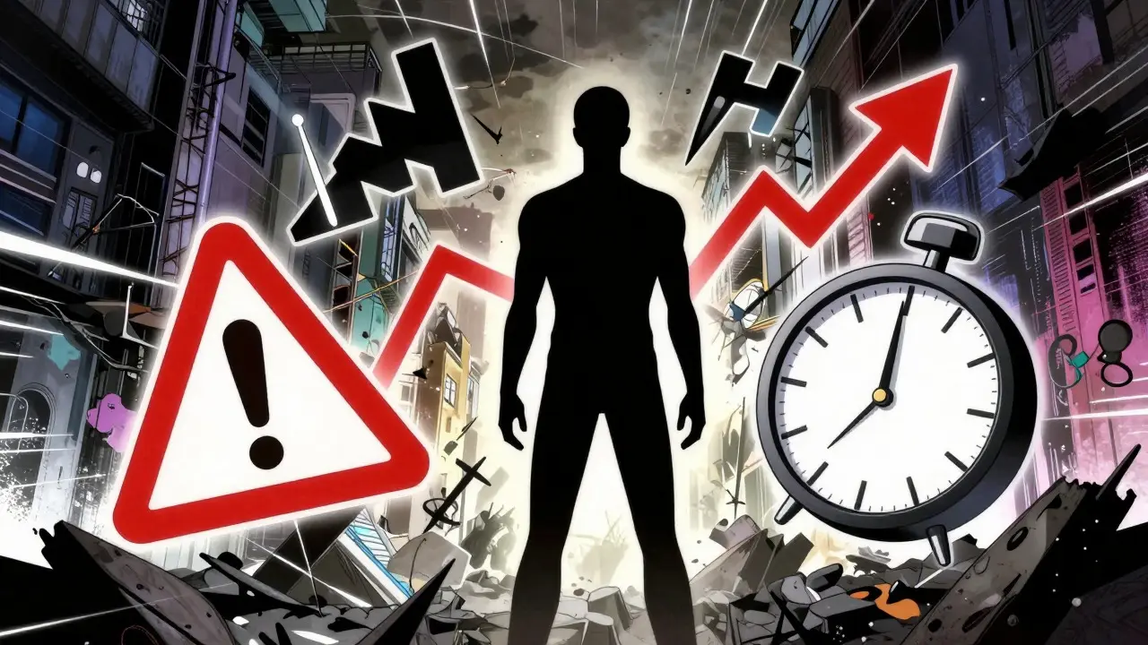 Conceptual art showing opioid risks like dosage and mixing drugs in manga style.