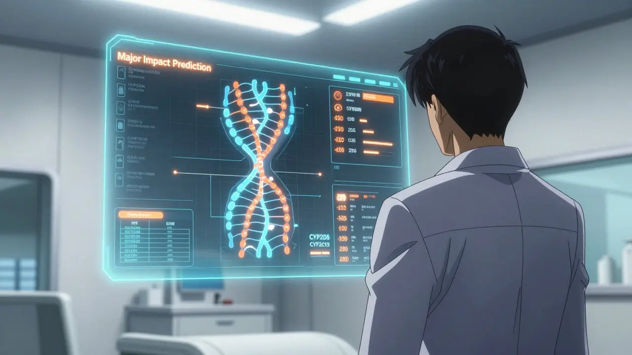 Doctor viewing holographic genetic data in futuristic clinic