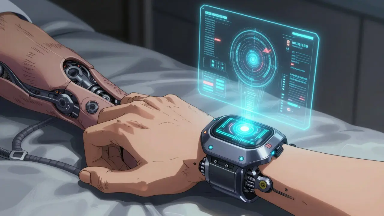 Futuristic wearable tech predicting health flares in anime style